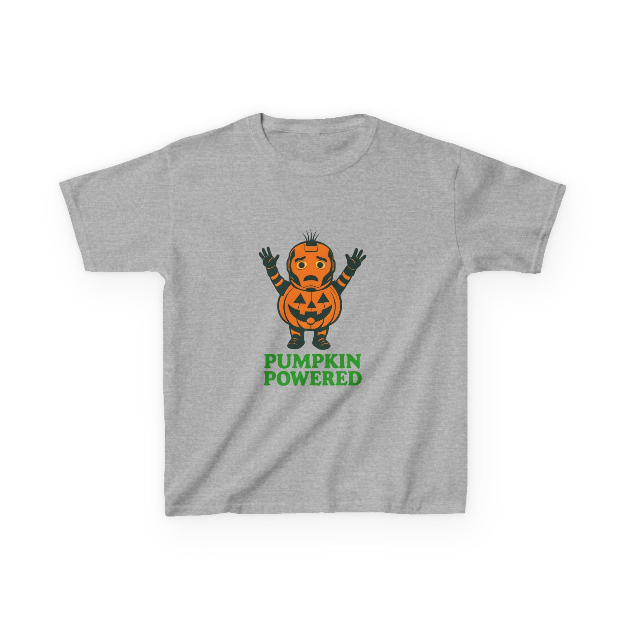 Kids heather gray graphic tee showing an orange pumpkin character with “PUMPKIN POWERED”