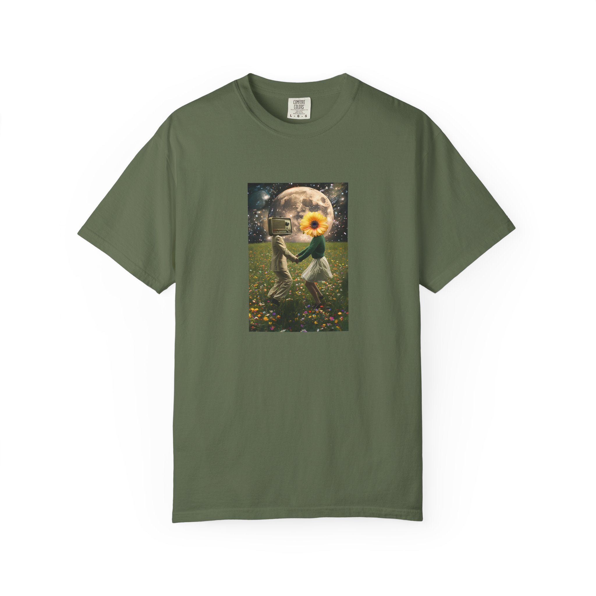 Sage green women's tee with square graphic showing a moon-lit figure and sunflower