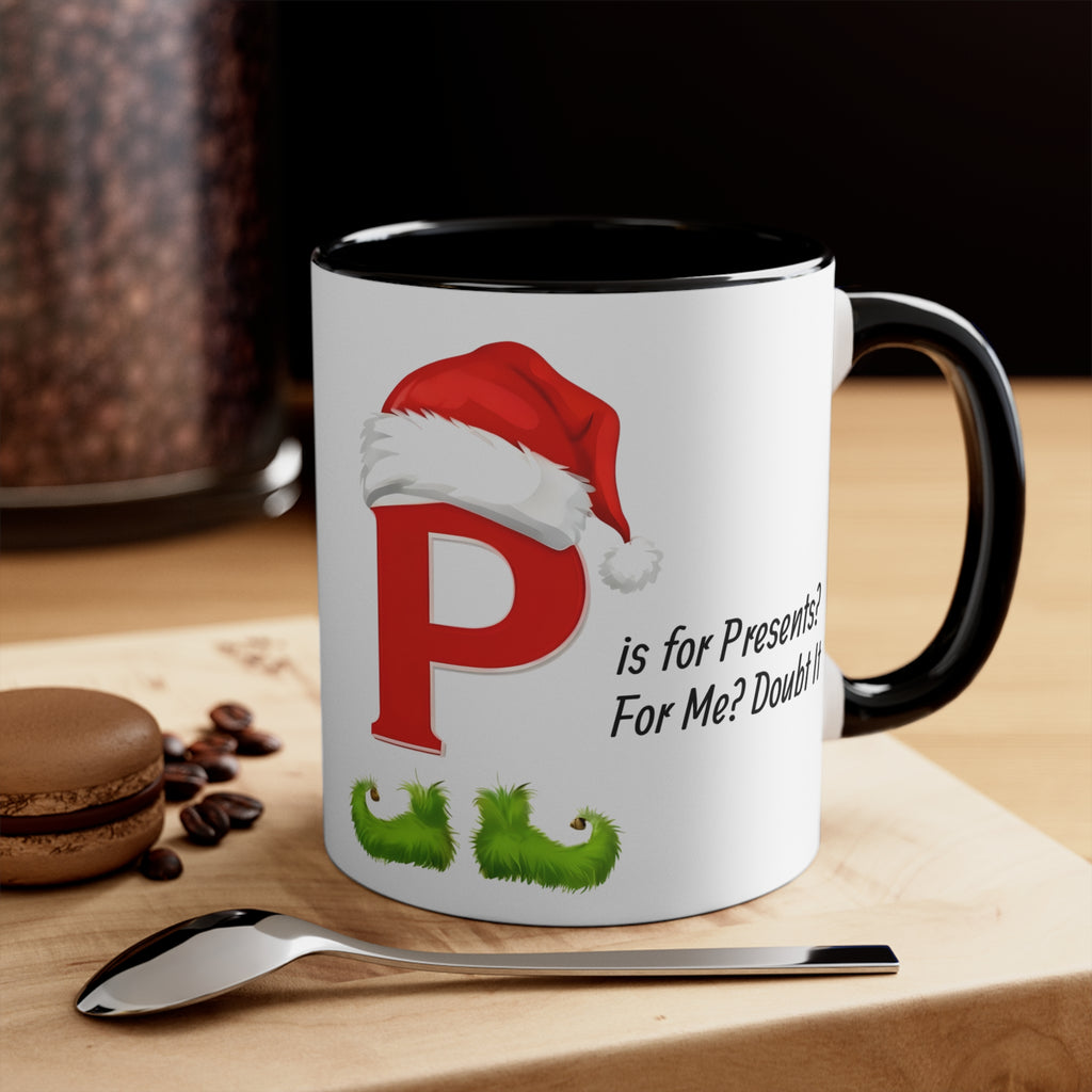 Ceramic mug with white body, black handle and rim, red letter P holiday design.