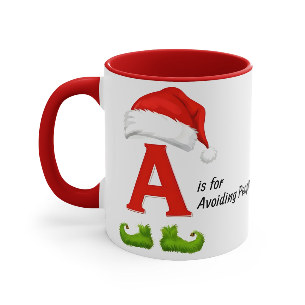 Red interior and handle mug with red letter A, Santa hat, and "is for Avoiding People".