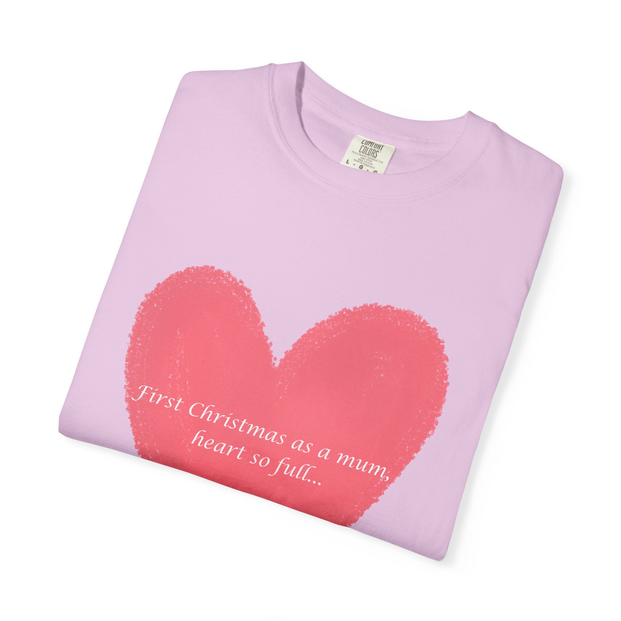 Folded light purple T-shirt with pink brushstroke heart and small script graphic