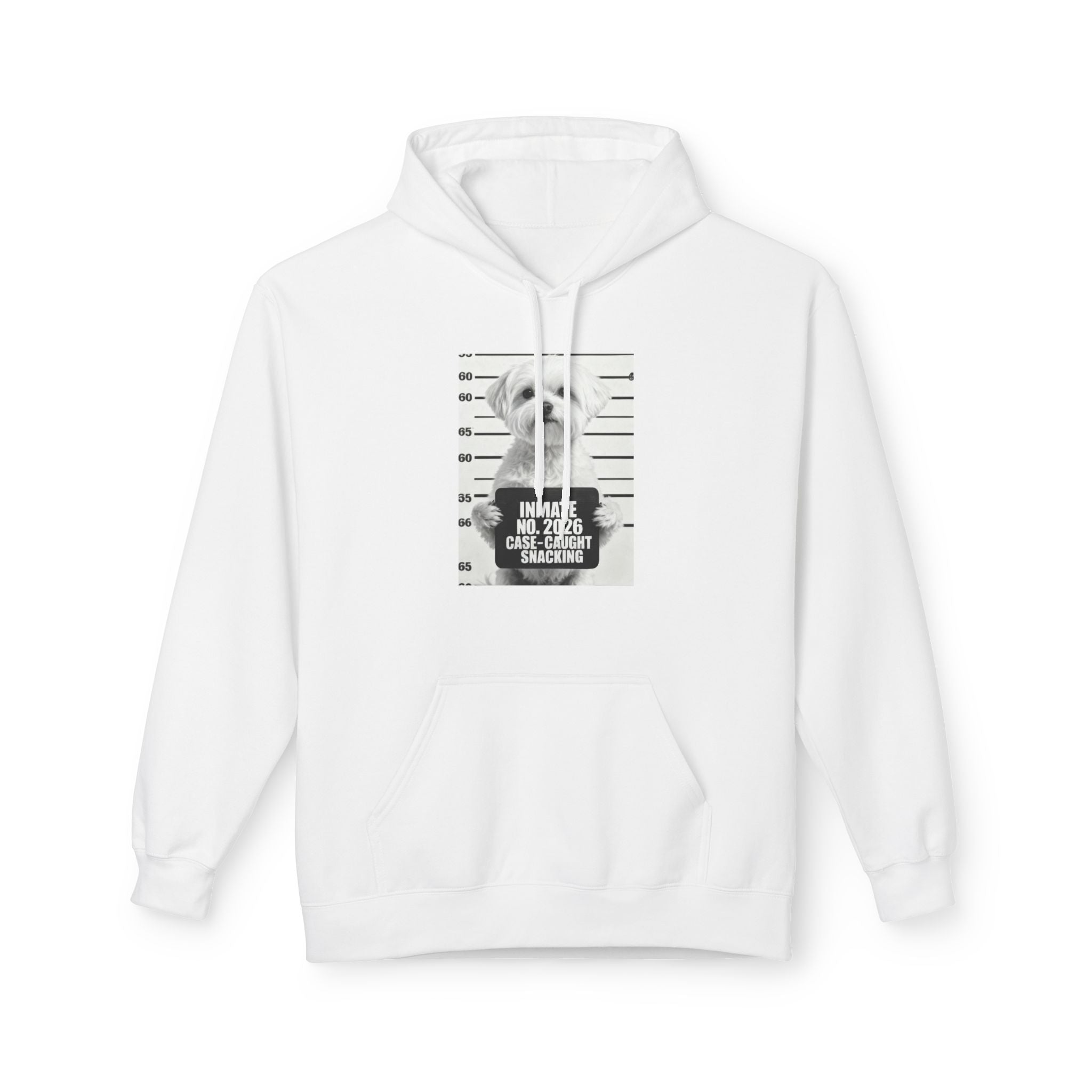 White pullover hoodie with drawstring hood, front pocket, dog mugshot snack print