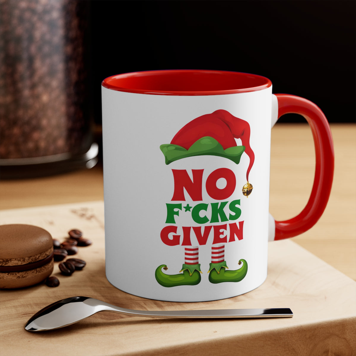 Red-handled coffee mug with elf "No F*cks Given" print and red interior