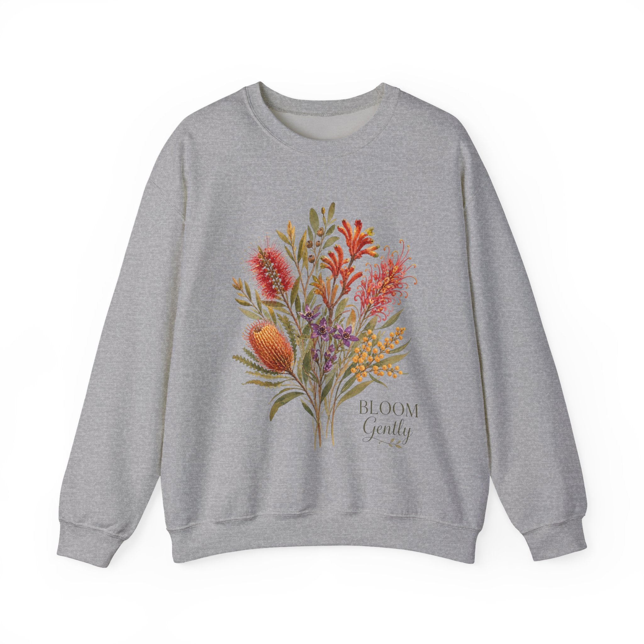 Floral bouquet sweatshirt, sport grey crewneck with colorful botanical bouquet graphic