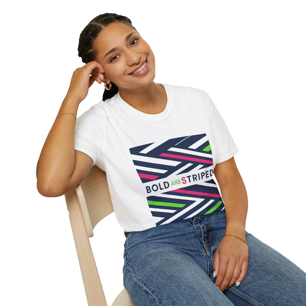 White unisex T-shirt with bold striped graphic print and crew neckline