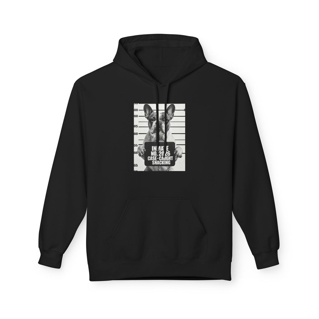 Black hoodie with kangaroo pocket and French bulldog graphic print