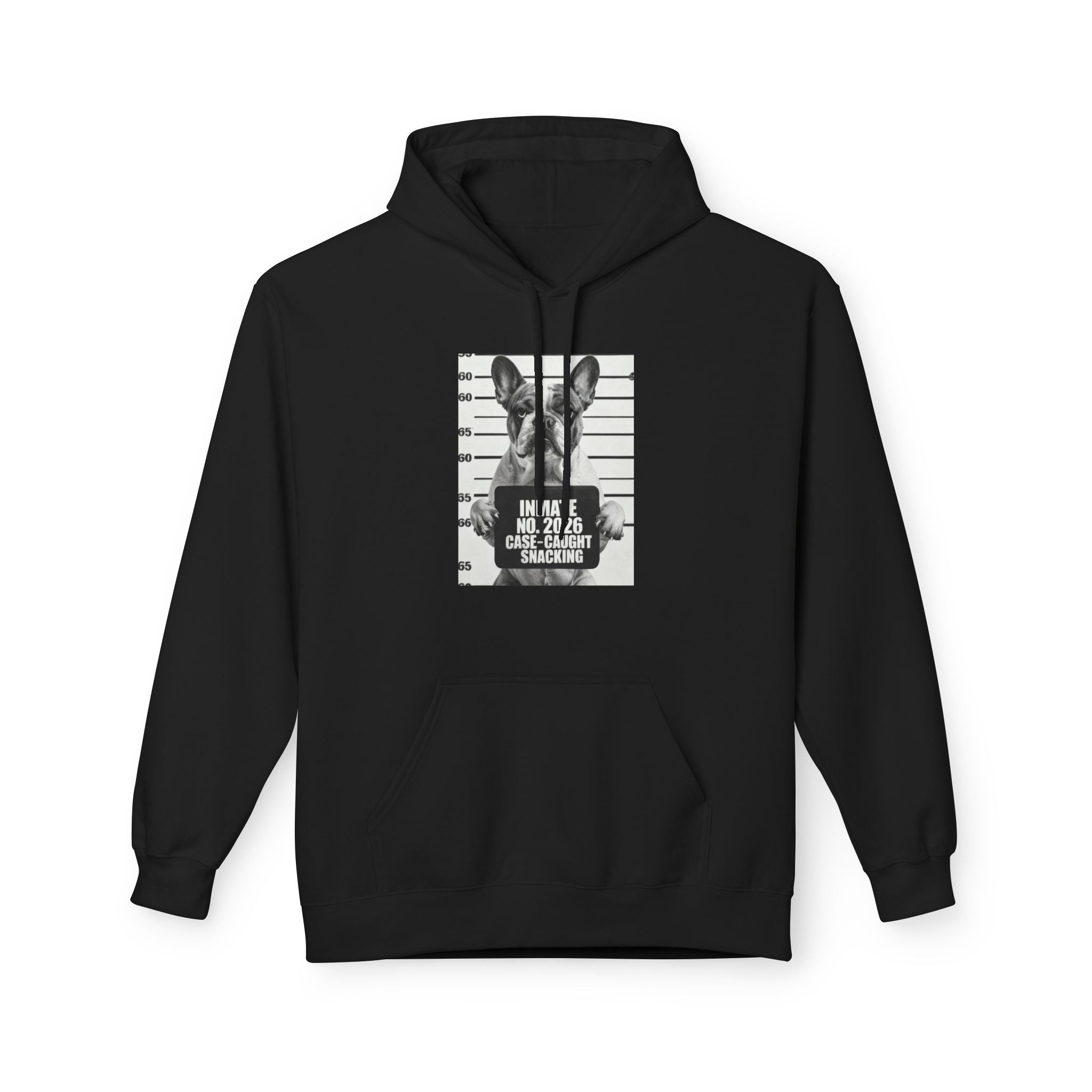 Black hoodie with kangaroo pocket and French bulldog graphic print