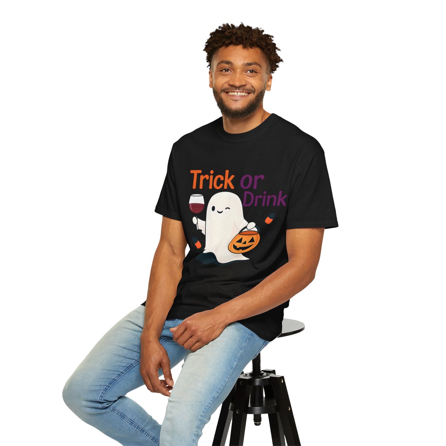 Halloween Ghost T-Shirt, Trick or Drink, Unisex Casual Tee, Fall Apparel, Spooky Party Shirt, Autumn Outfit