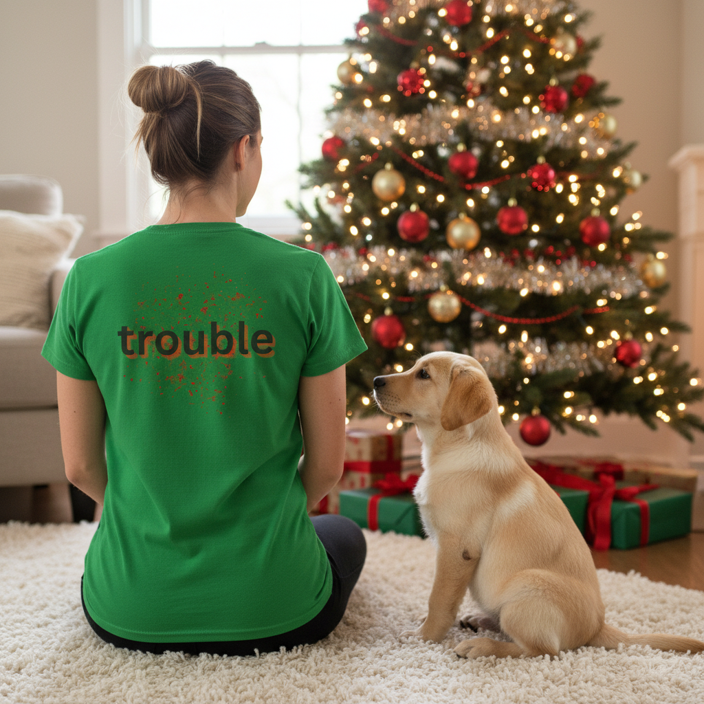 Green tee worn from the back with 'trouble' graphic text