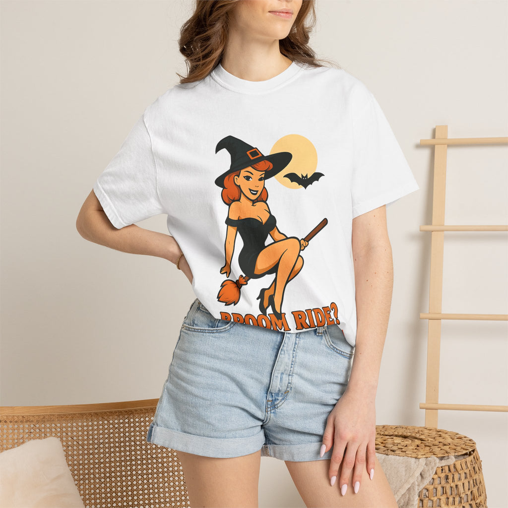 Witch Pinup Tee - "Broom Ride? Enquire Within" Halloween Graphic Shirt