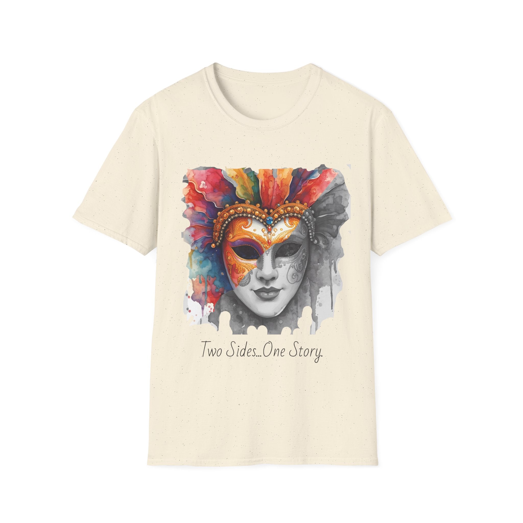 Cream face T-shirt with watercolor masquerade mask graphic and “Two Sides…One Story”