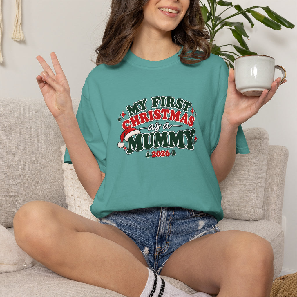 Seafoam Christmas T-shirt with “My First Christmas as a Mummy 2026” print on model