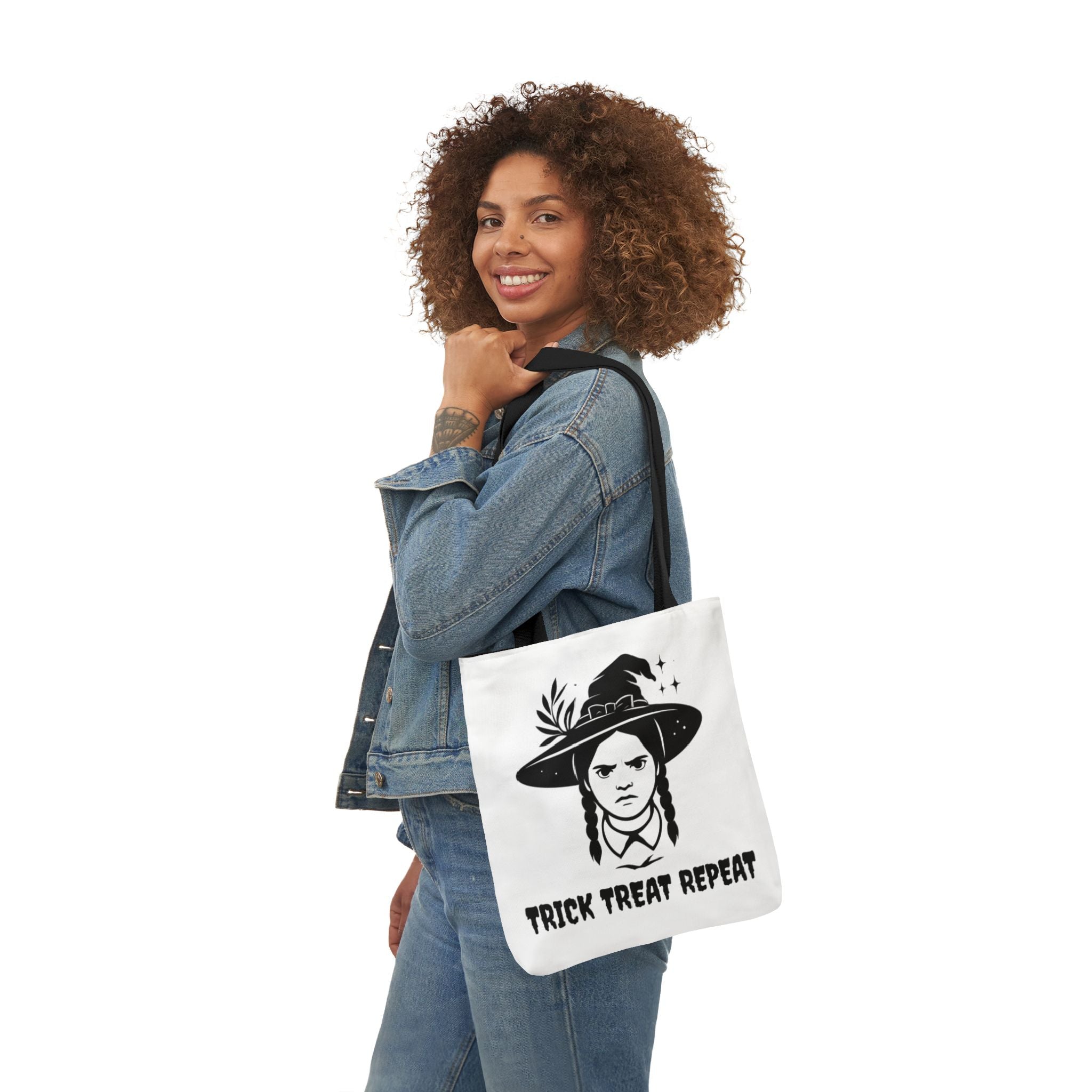 Canvas tote bag with witch illustration and 'Trick Treat Repeat' on white front