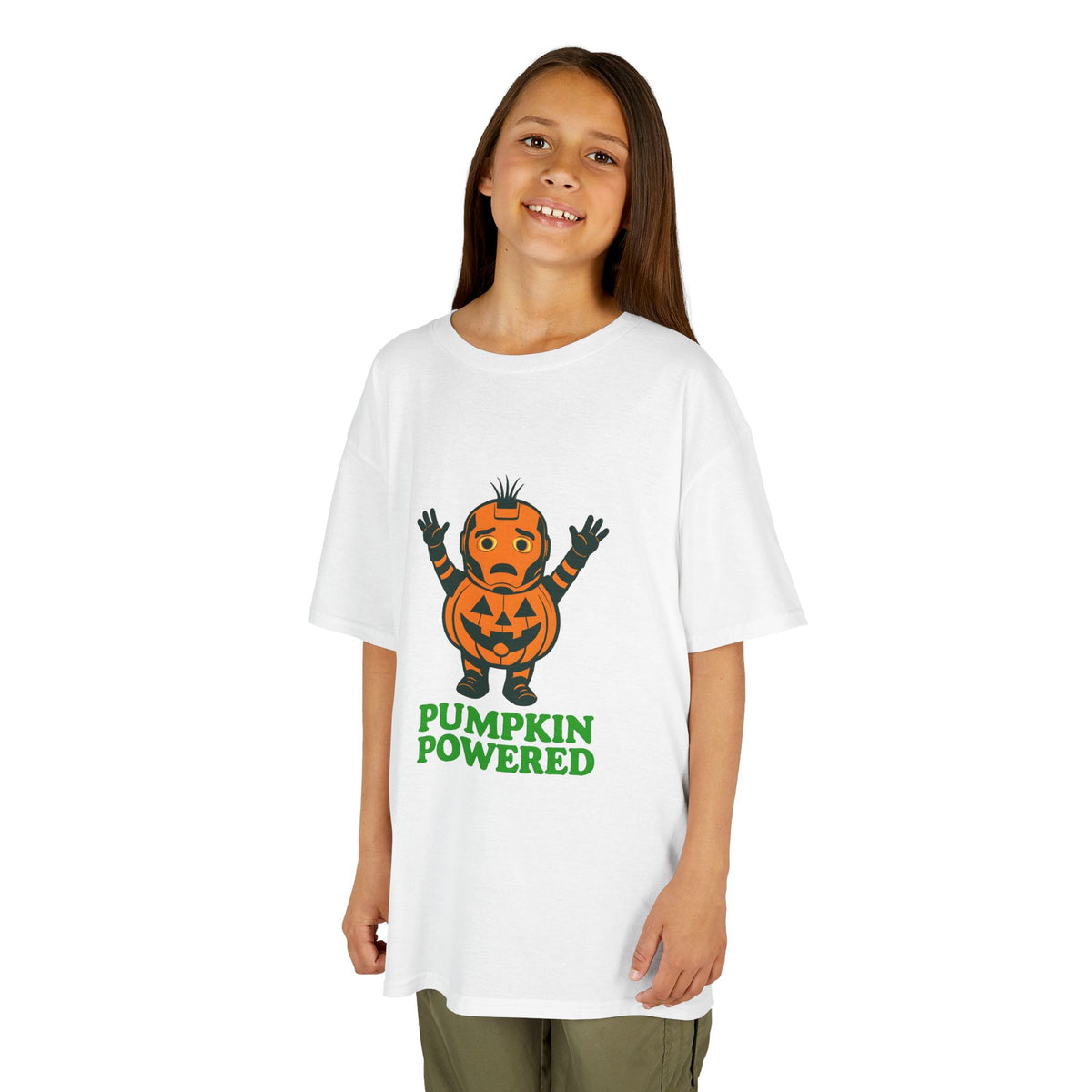 Kids Halloween T-shirt, white, cartoon jack-o'-lantern graphic with “PUMPKIN POWERED”
