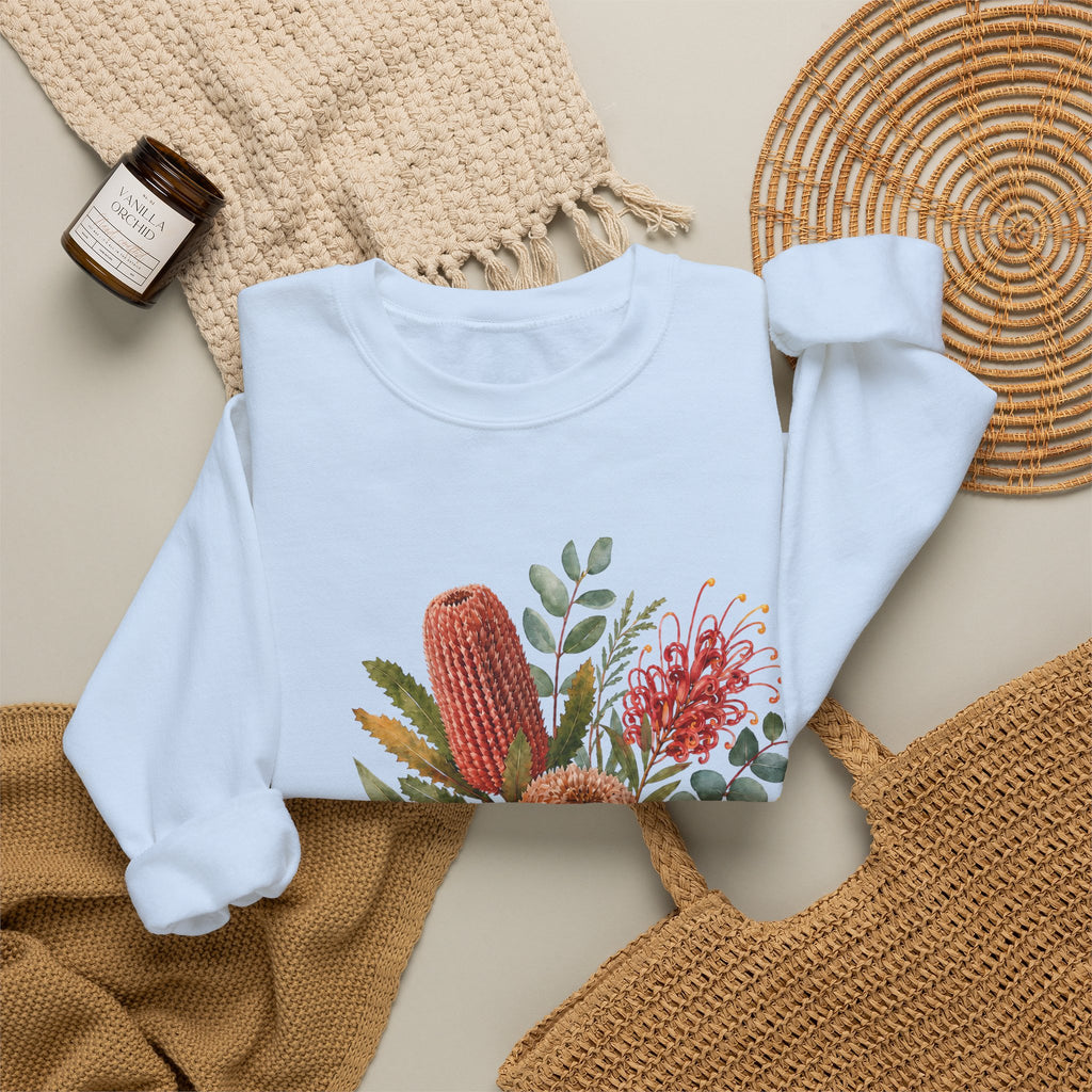 Light blue crewneck sweatshirt with floral cactus print, long sleeves