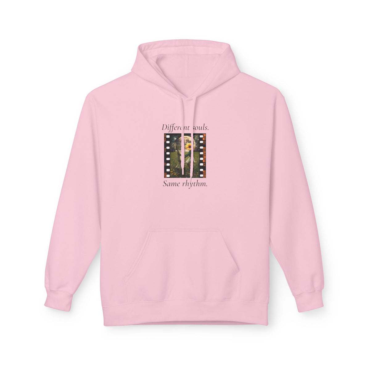 Light pink pullover hoodie with front pocket, hood, and music-themed graphic chest print