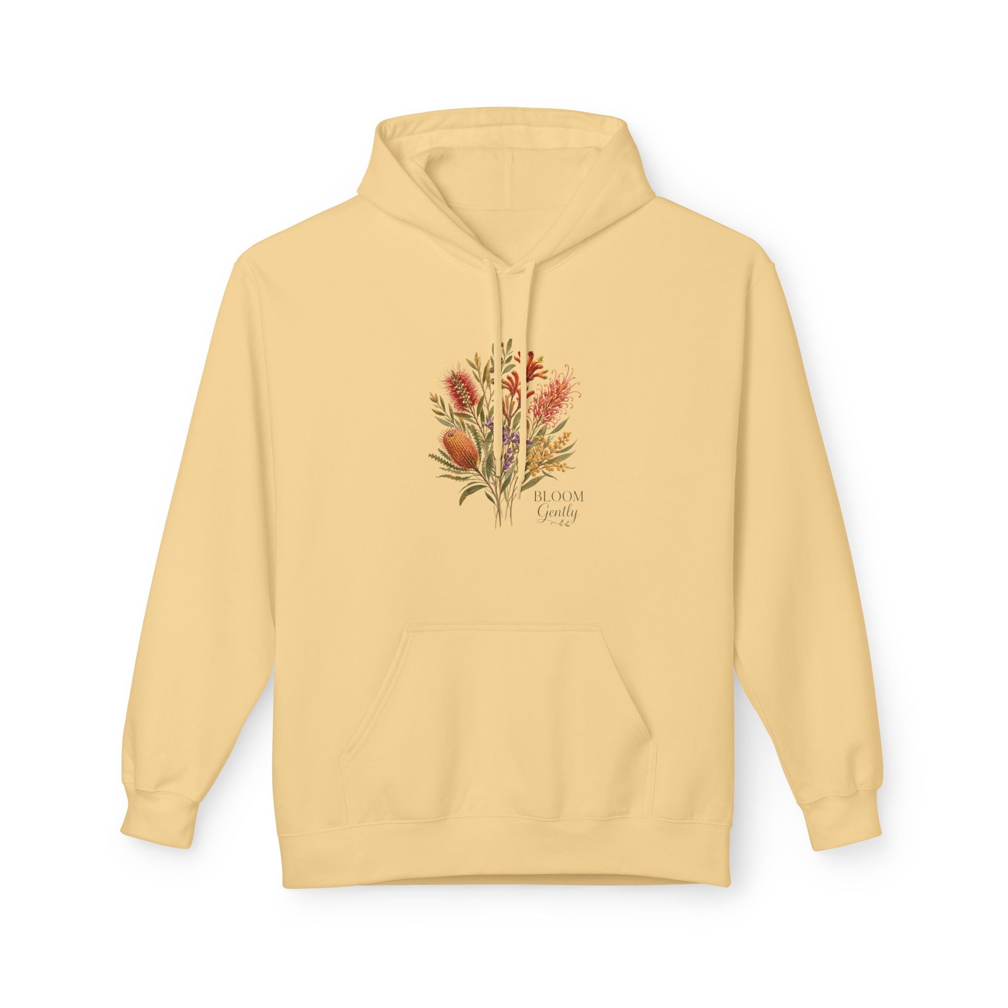 Yellow haze hoodie with floral bouquet graphic on chest, drawstring hood, kangaroo pocket