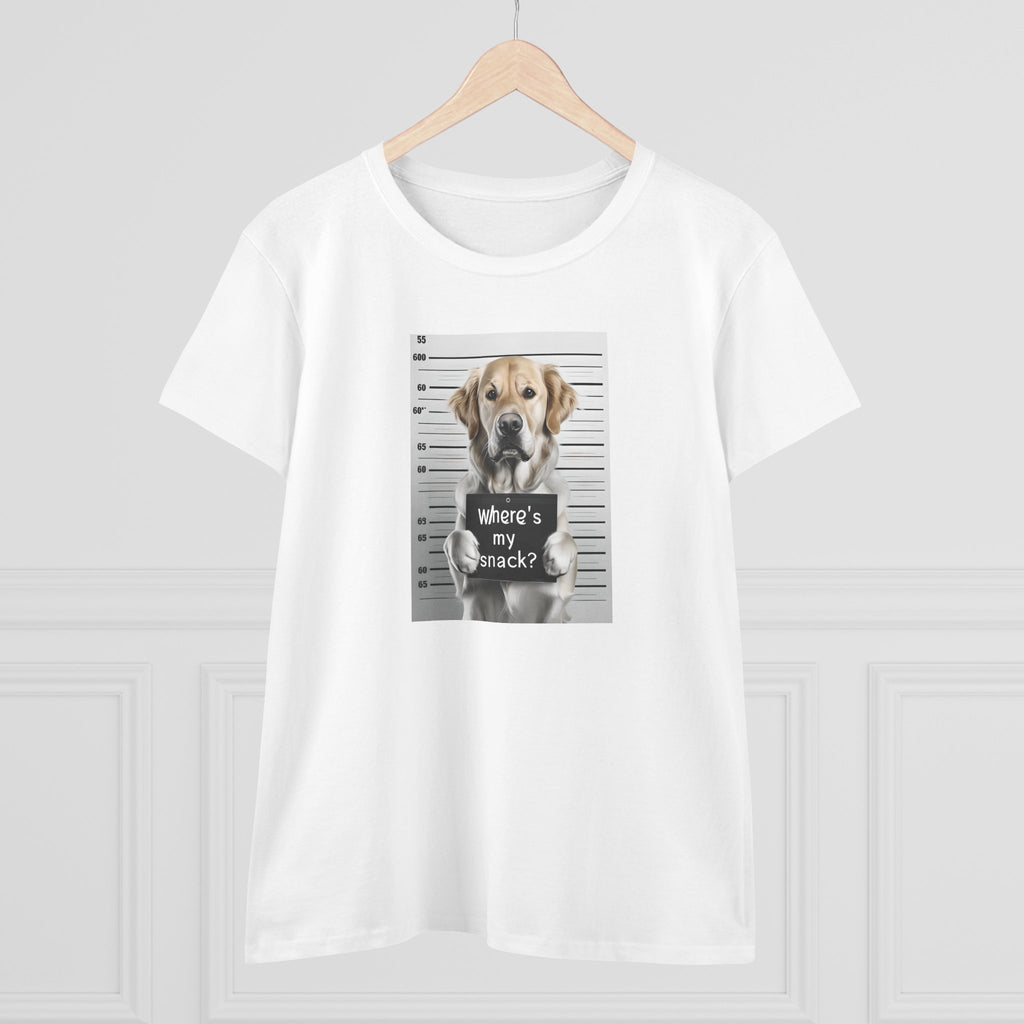 White dog graphic T-shirt on hanger with “where’s my snack?” text in centered print