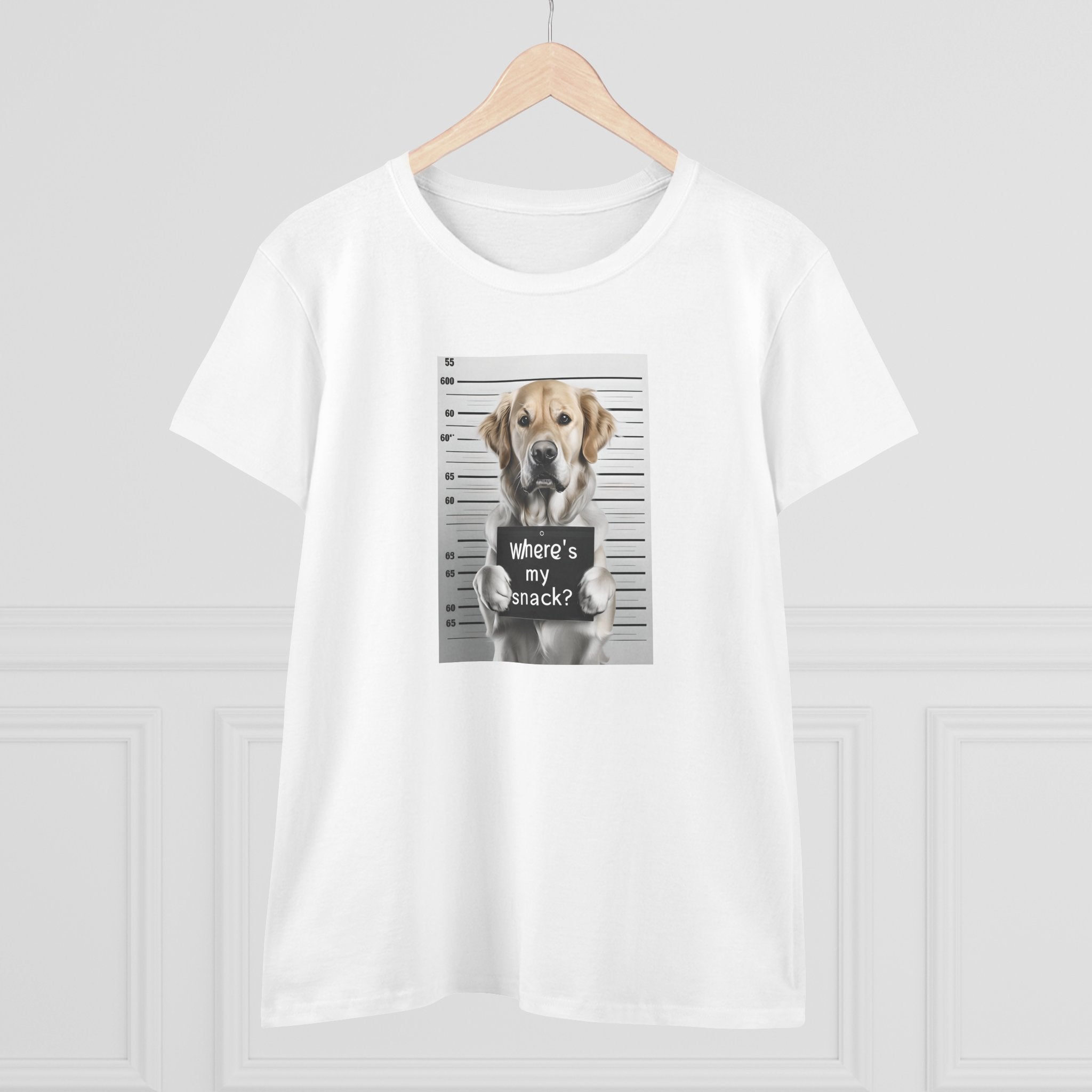 White dog graphic T-shirt on hanger with “where’s my snack?” text in centered print