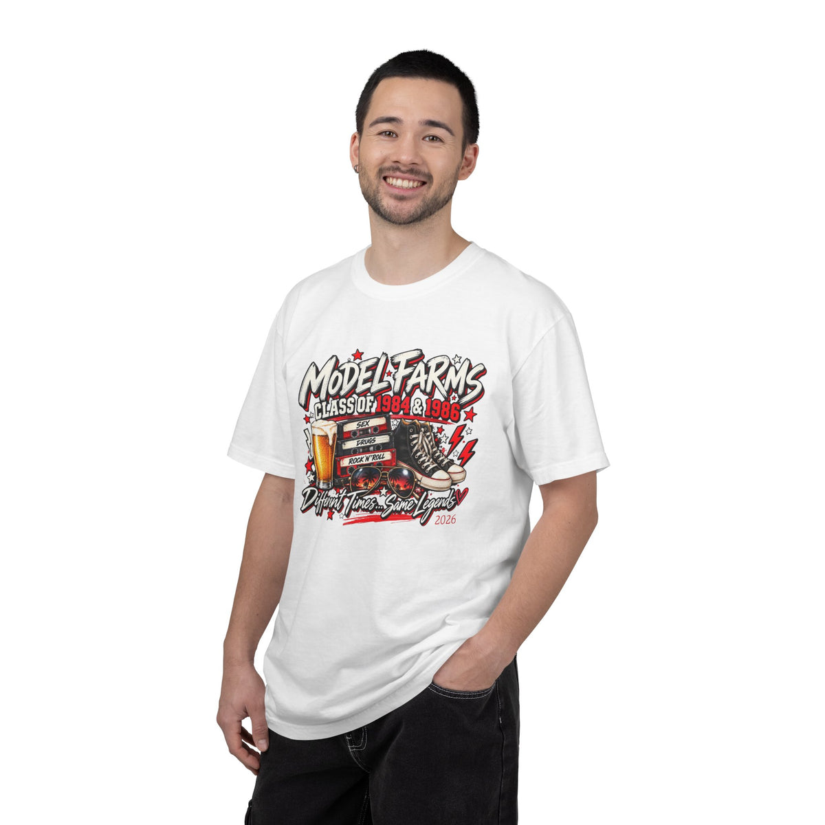 White crewneck T-shirt with retro Model Farms reunion graphic on chest