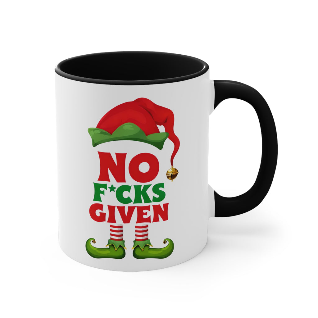 White mug with black handle and rim, elf graphic, 'NO F*CKS GIVEN'.