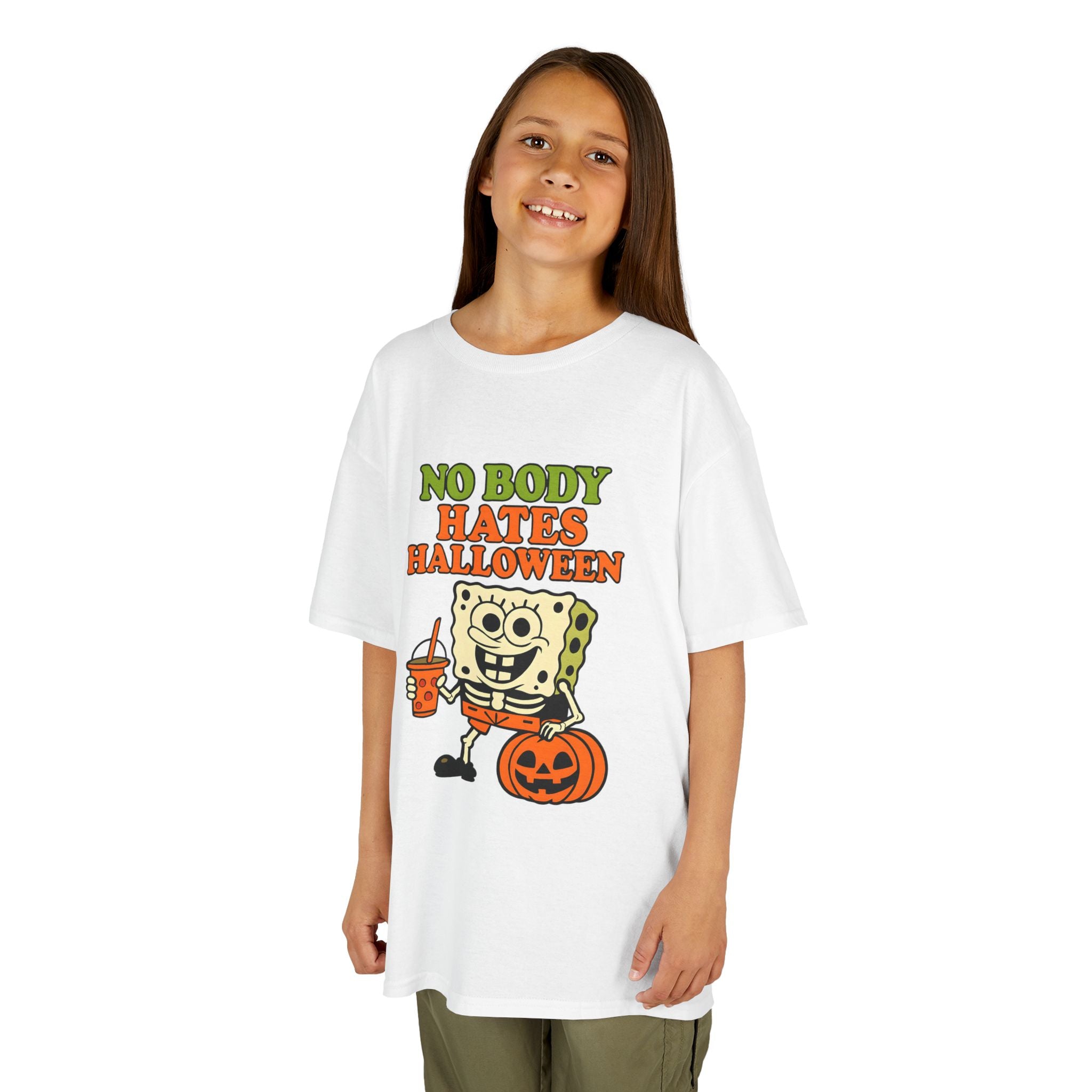 White kids Halloween graphic tee with SpongeBob holding a pumpkin under 'No body hates Halloween'
