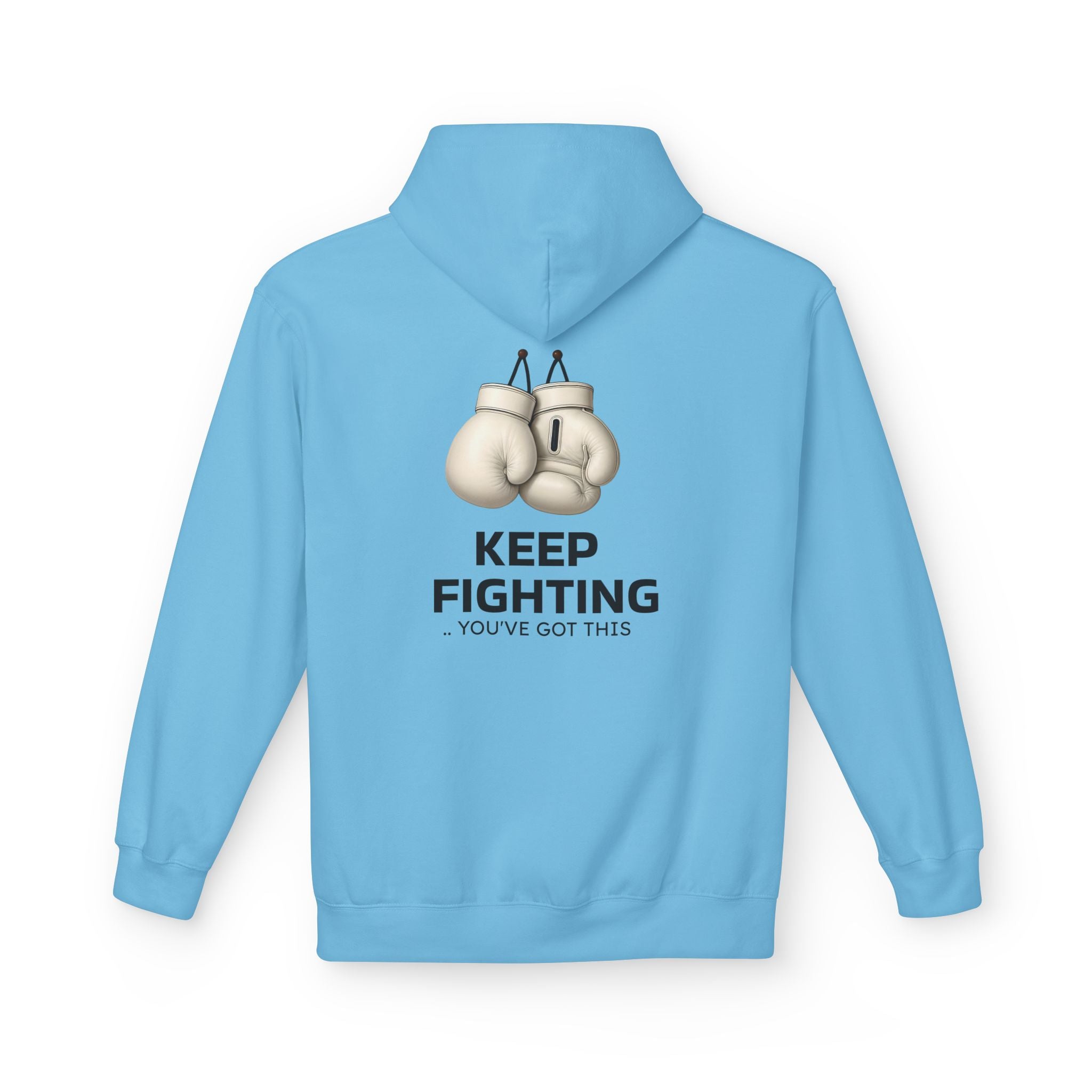 Sky blue hoodie with hood and kangaroo pocket, back boxing gloves graphic “Keep Fighting”
