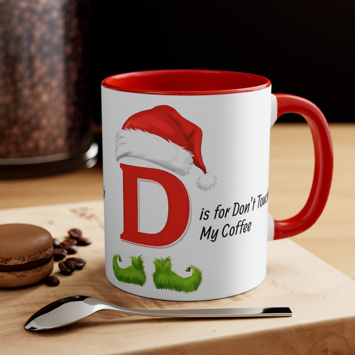 Holiday letter D mug with red interior, red handle, Santa hat and “My Coffee” text