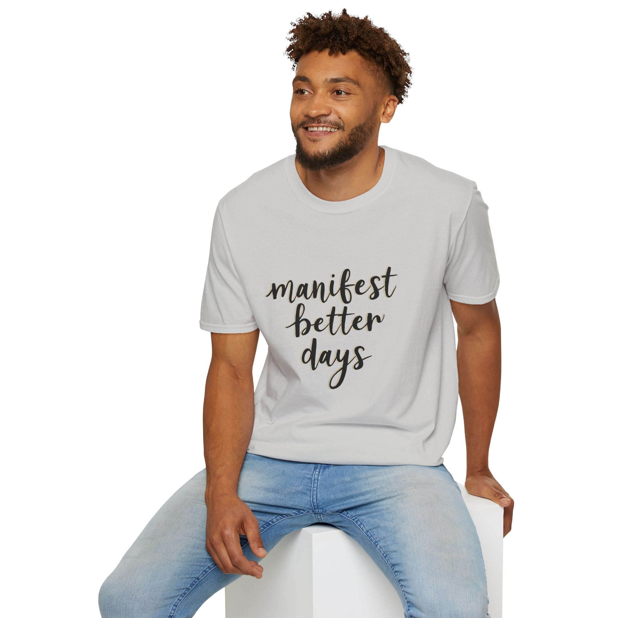 Unisex softstyle t-shirt, light grey crew neck with “manifest better days” graphic
