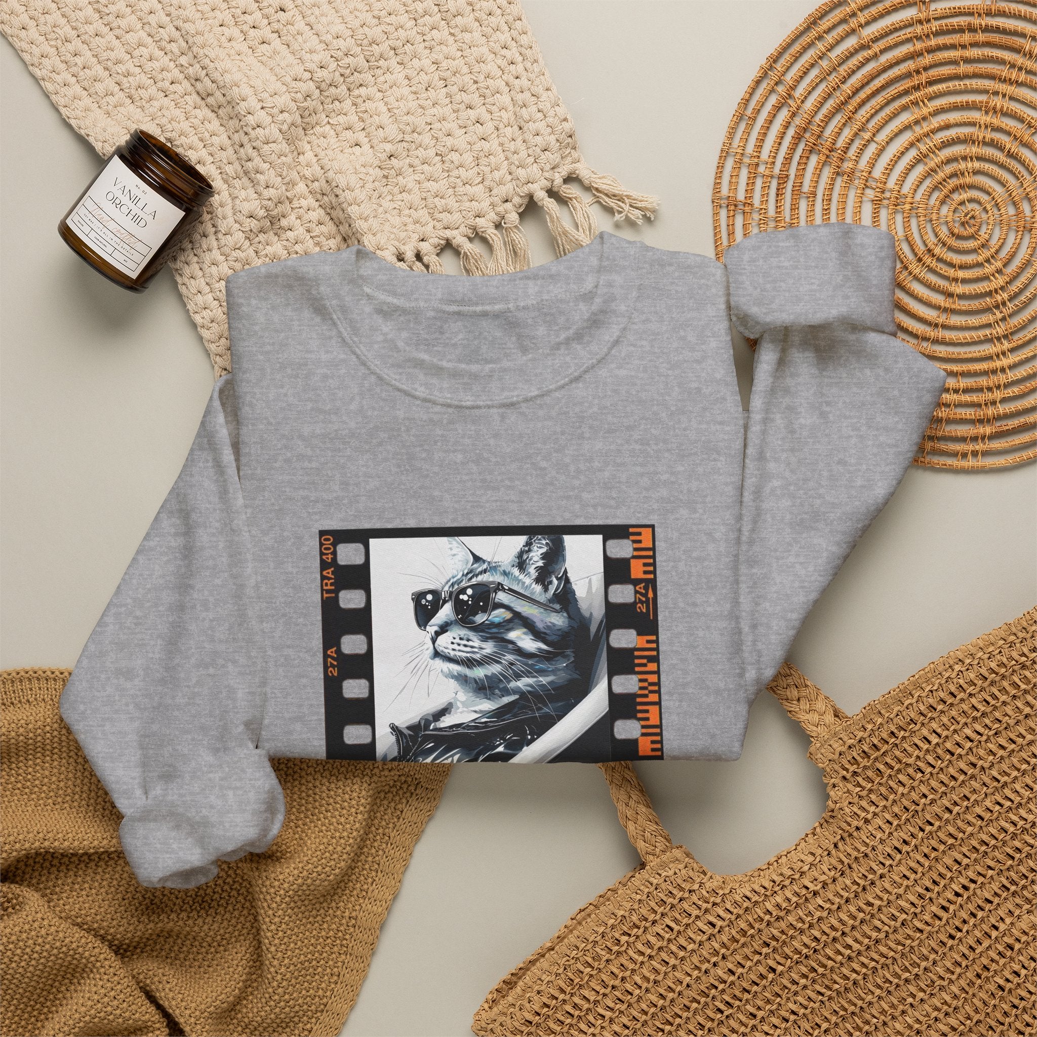 Ash gray crewneck sweatshirt, cat graphic print centered on chest