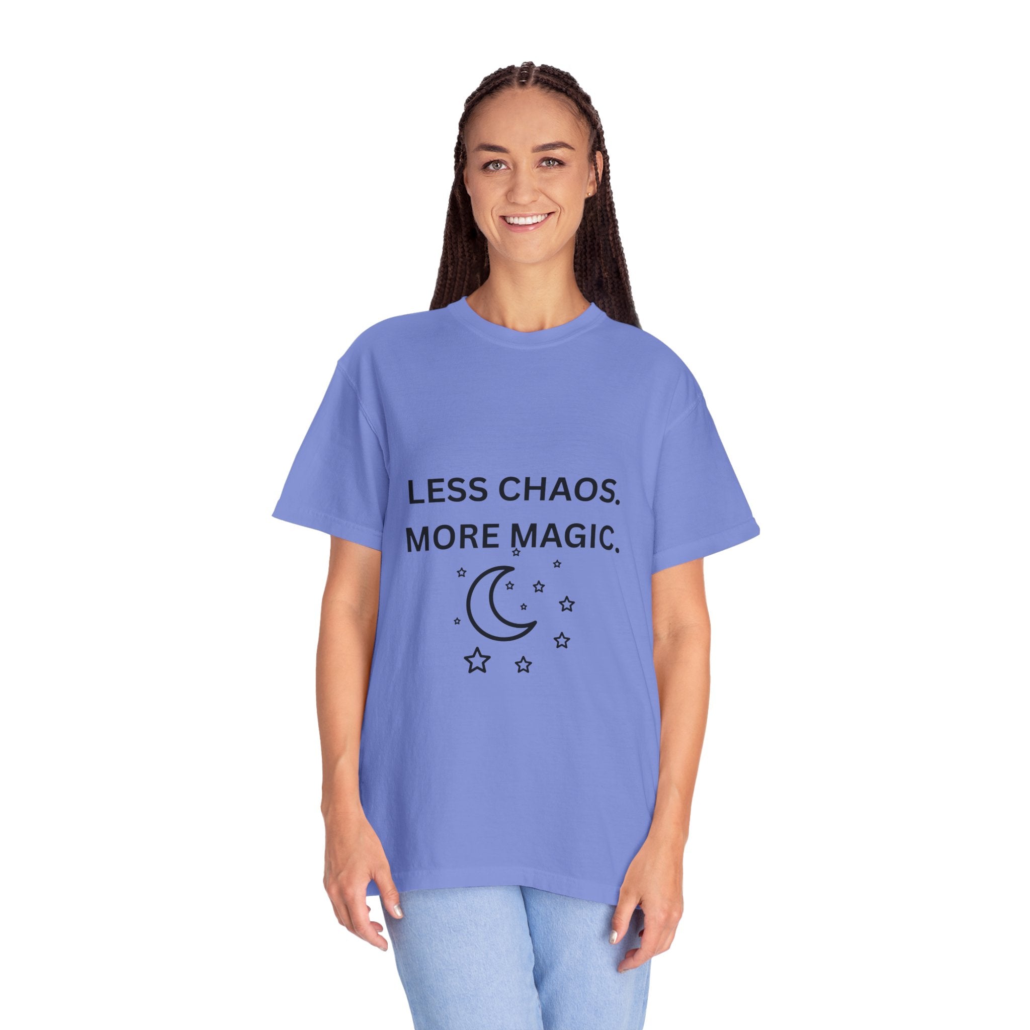 Less Chaos, More Magic T-Shirt — Crescent Moon + Stars Graphic Tee