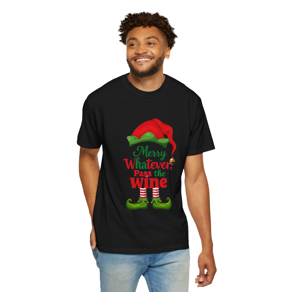 Black crewneck Christmas wine tee with front elf wine bottle graphic and slogan
