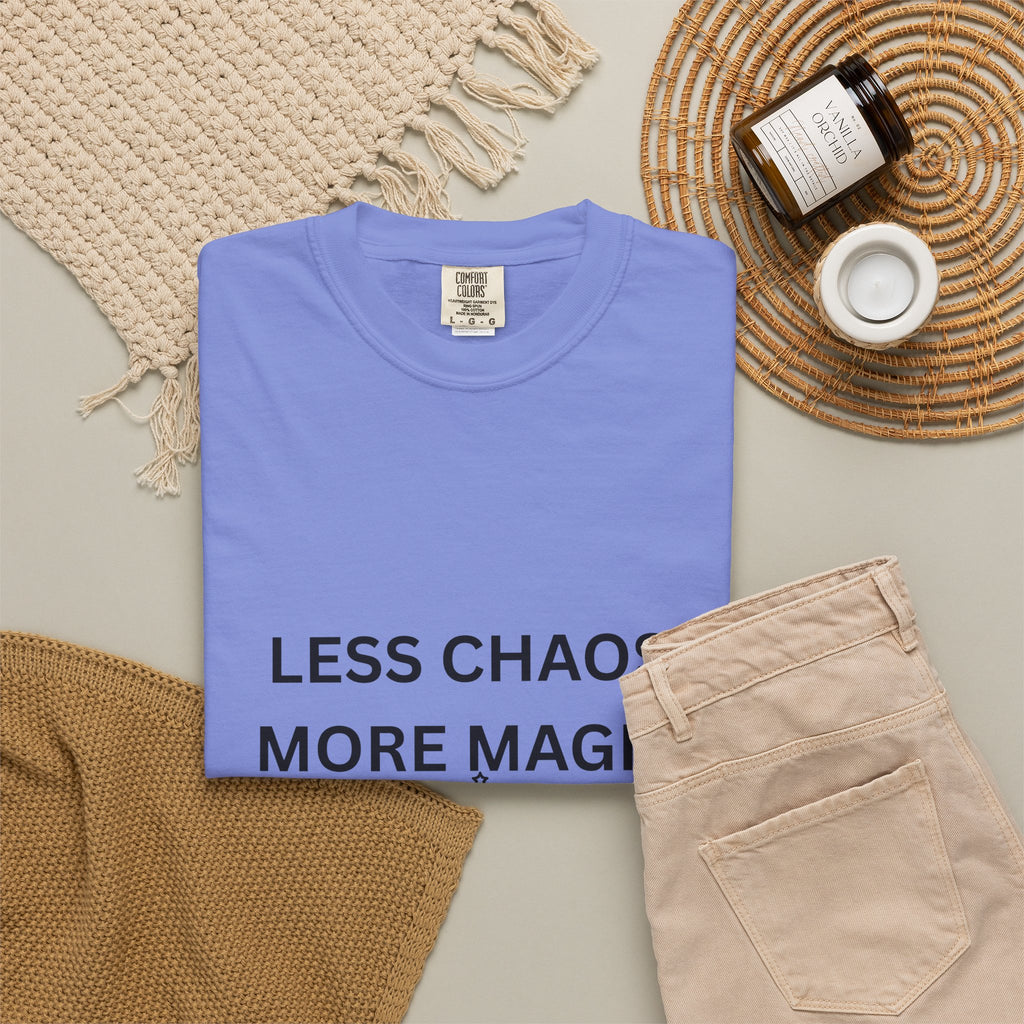 Less Chaos, More Magic T-Shirt — Crescent Moon + Stars Graphic Tee