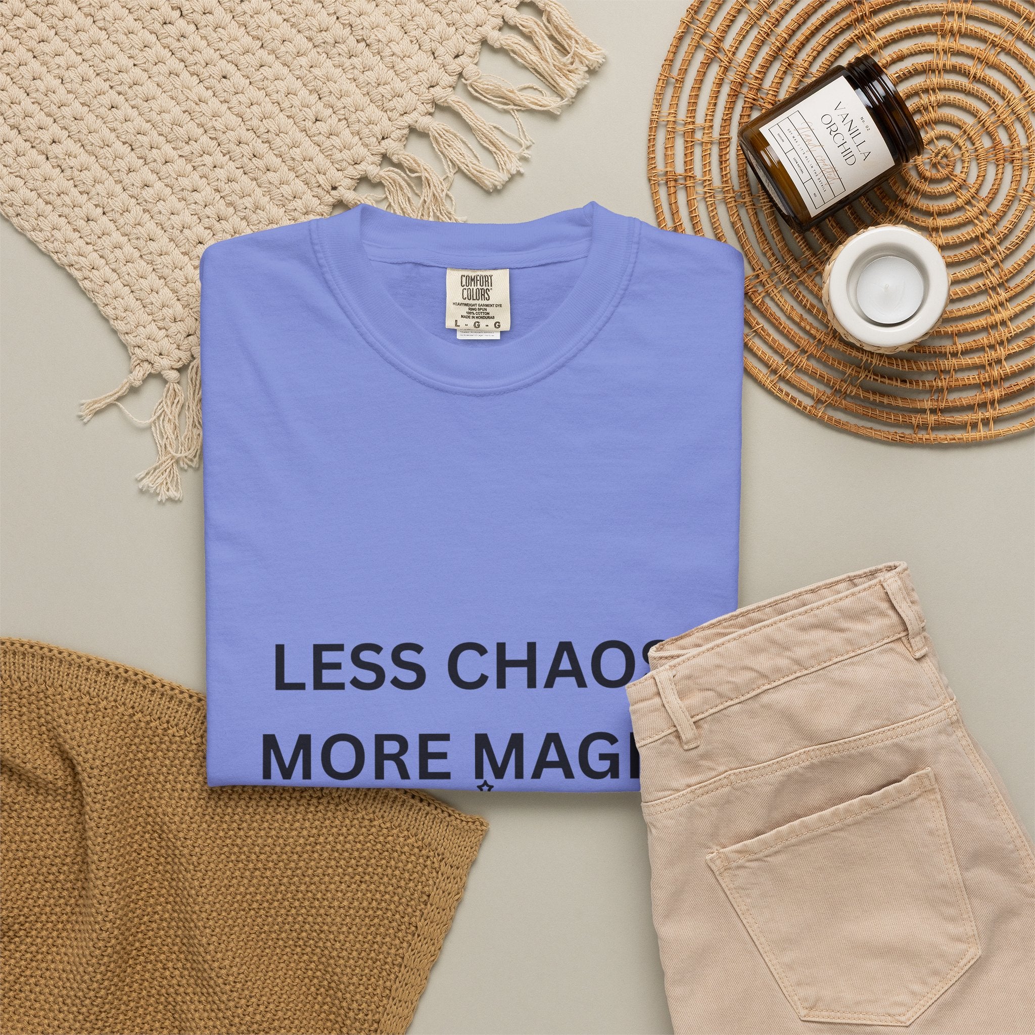 Less Chaos, More Magic T-Shirt — Crescent Moon + Stars Graphic Tee