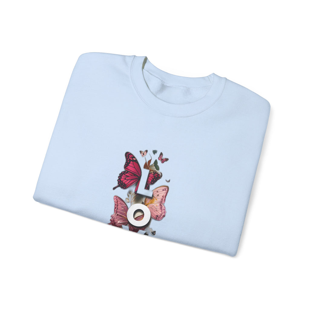 Light blue sweatshirt with butterfly and LOVE graphic print at center front