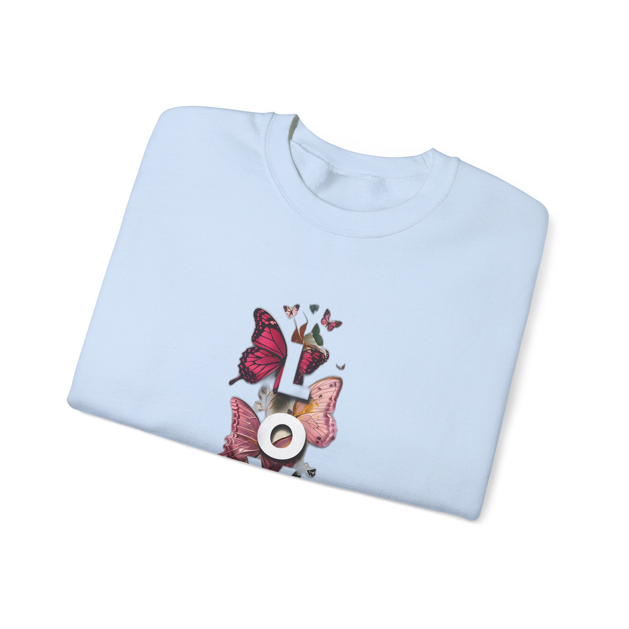 Light blue sweatshirt with butterfly and LOVE graphic print at center front