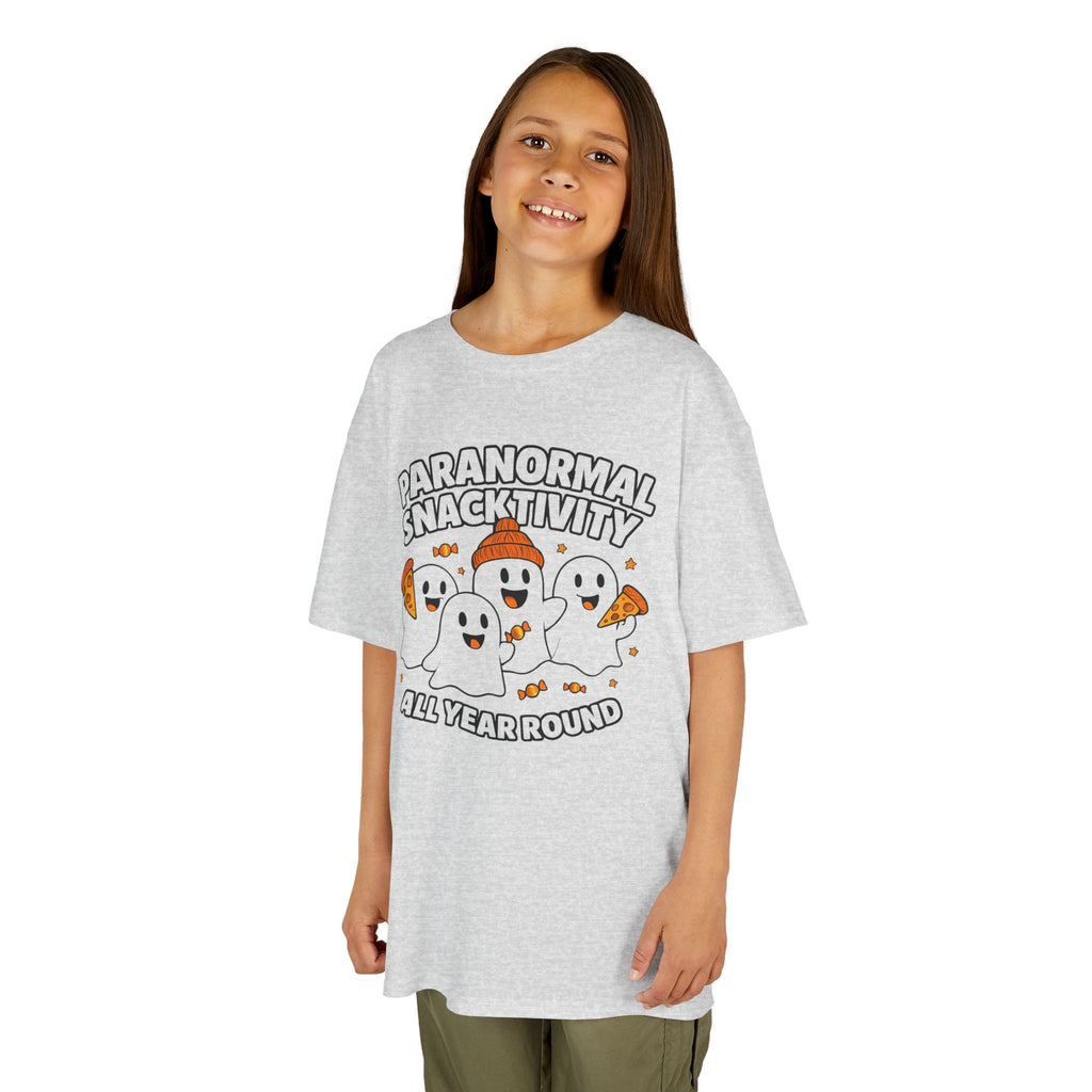 Kids ash gray T-shirt worn by a child, featuring a ghost graphic and “All year round”