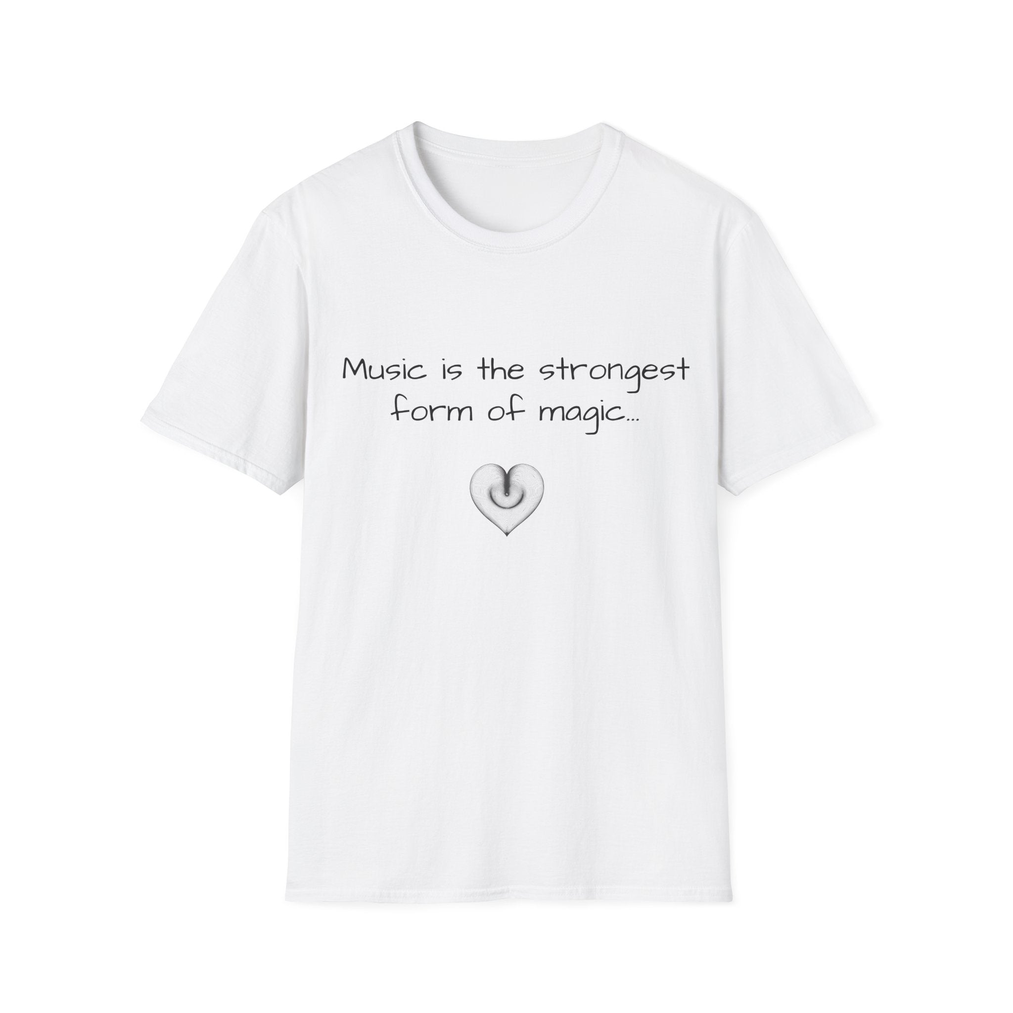White unisex T-shirt with music quote and heart graphic