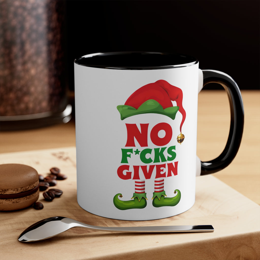 Black coffee mug with elf "No F*cks Given" print on front