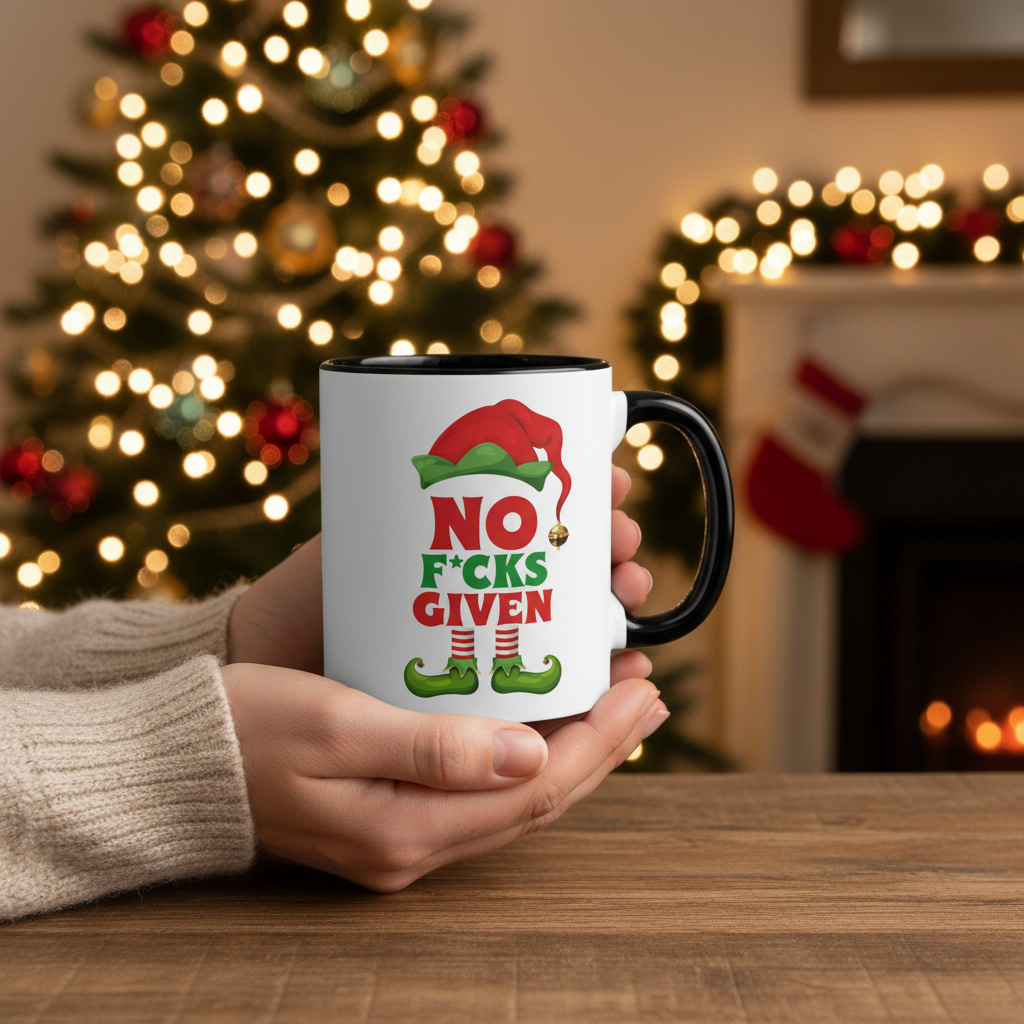 Black-handled coffee mug with elf "No F*cks Given" print