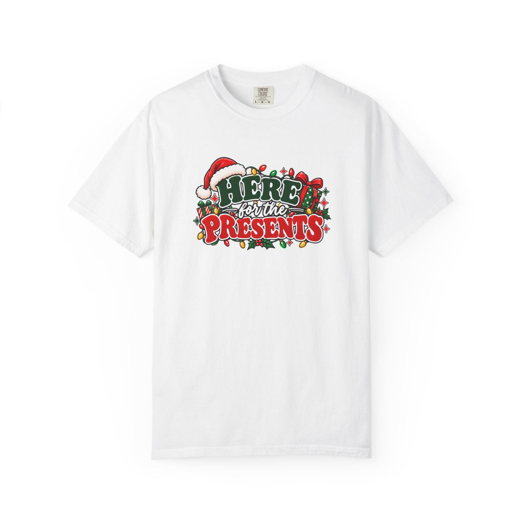 White Christmas T-shirt with 'Here for the Presents' festive graphic and Santa hat