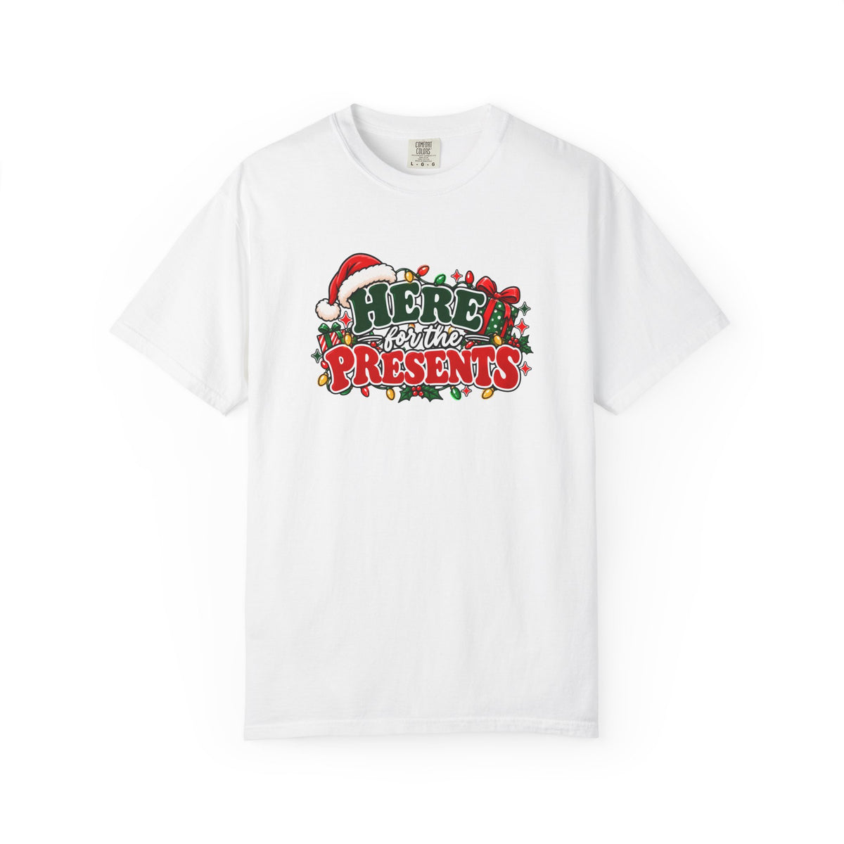 White Christmas T-shirt with 'Here for the Presents' festive graphic and Santa hat