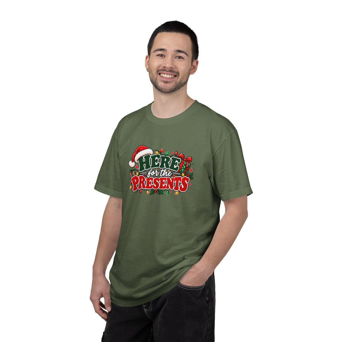 Dark green crewneck T-shirt with festive 'Here for the Presents' graphic on chest