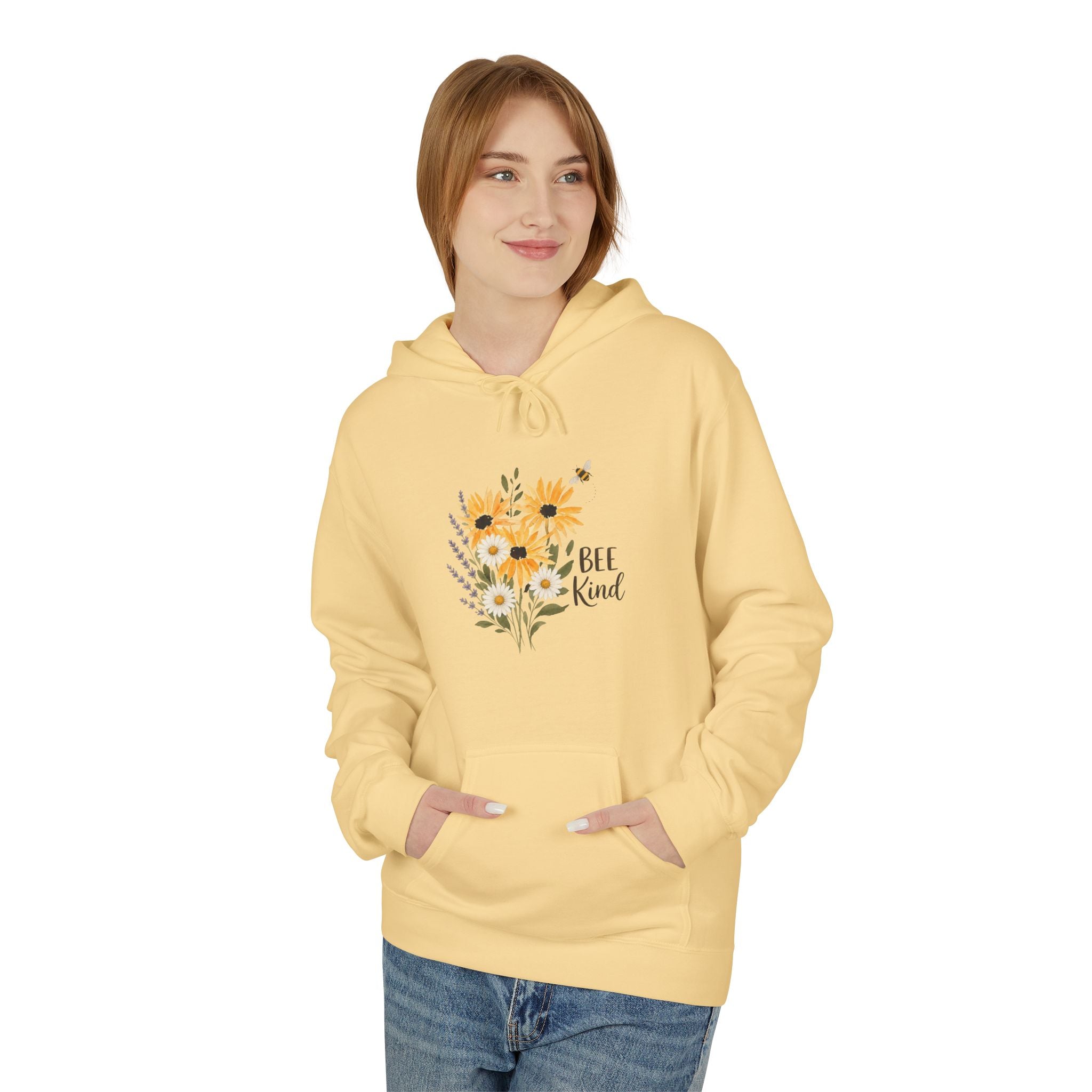 Yellow floral bee hoodie with kangaroo pocket and drawstring hood