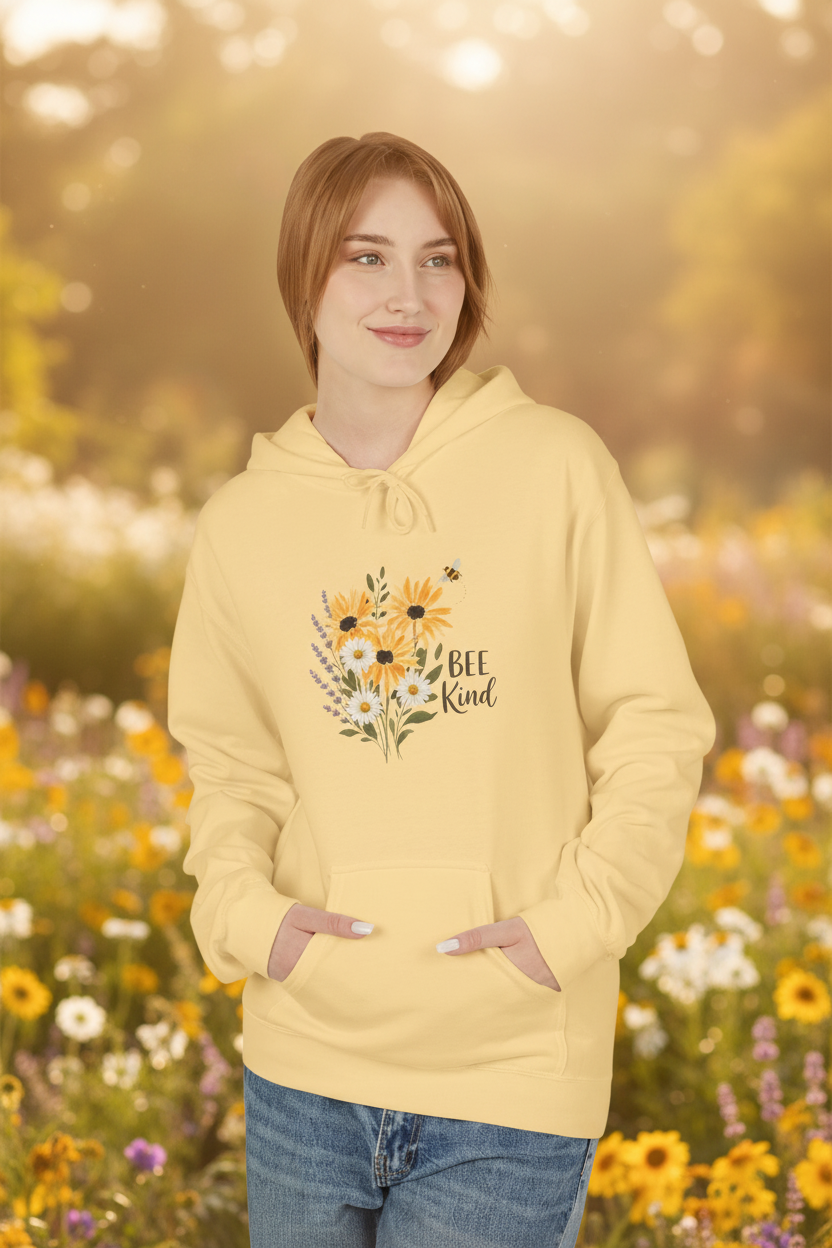 Sand floral hoodie with hood and kangaroo pocket, front bee-and-flower graphic