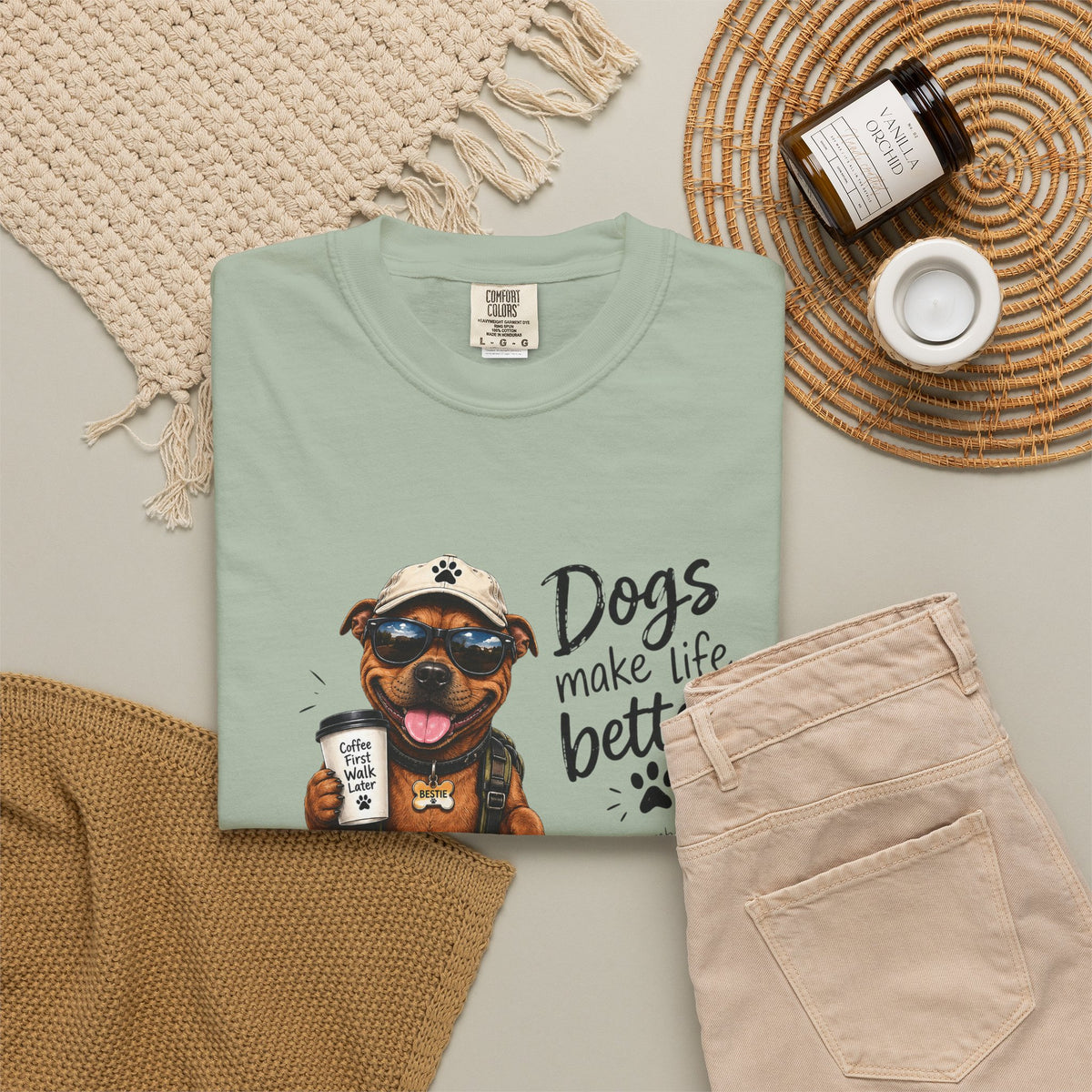 Dog Lovers Staffy T‑Shirt — "Dogs Make Life Better" Graphic Tee