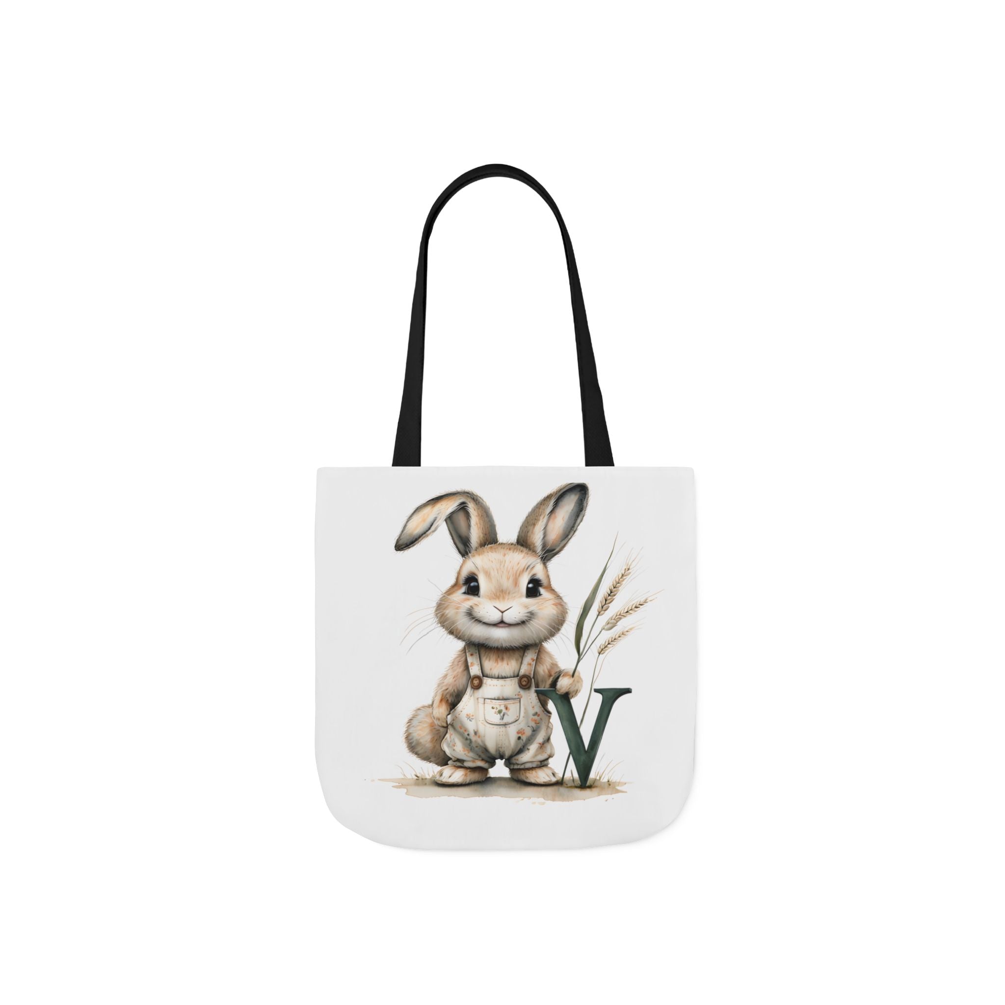 Canvas tote bag with rabbit graphic on white front and black shoulder straps