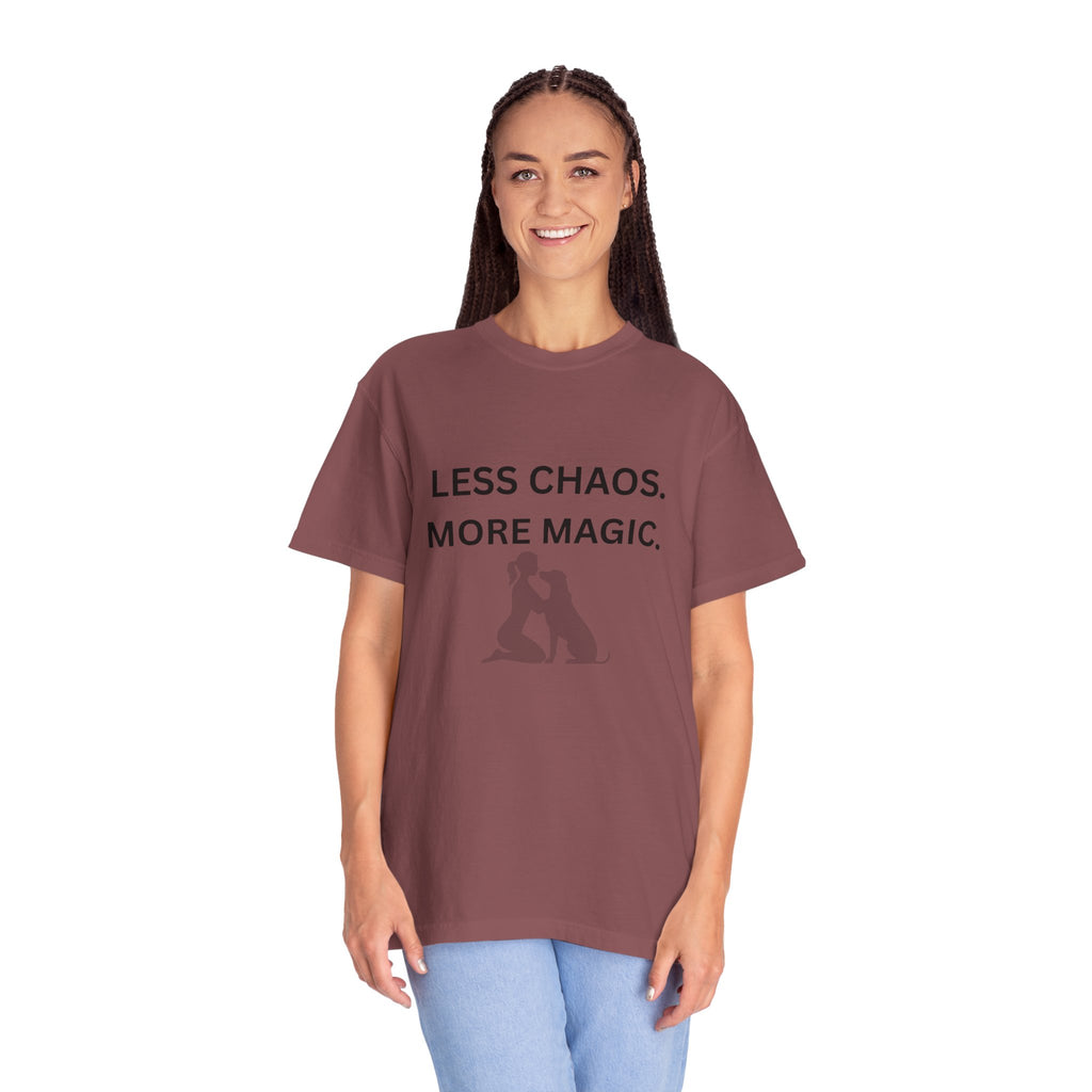 Less Chaos, More Magic T-Shirt — Woman + Dog Silhouette Graphic Tee
