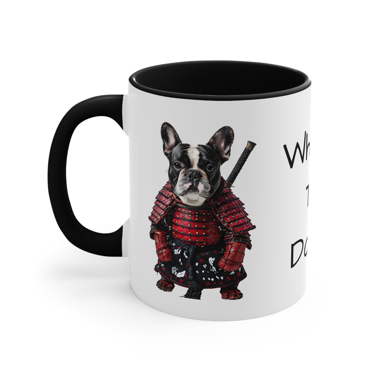 French Bulldog in Samurai Outfit Accent Mug Wheres the Donuts Fun Dog Lover and Samurai Fan Gift