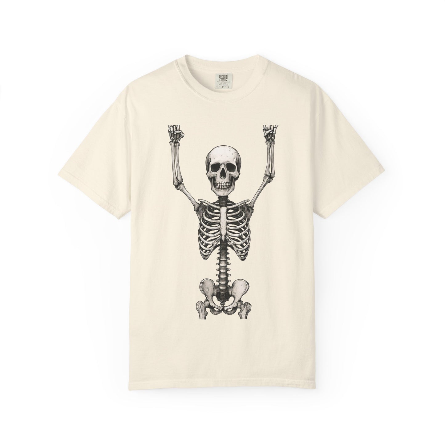 Hands Up Skeleton Graphic T-shirt, Unisex Vintage Tee for Halloween, Casual Wear, Skeleton Art, Gift for Spooky Lovers, Festival Apparel